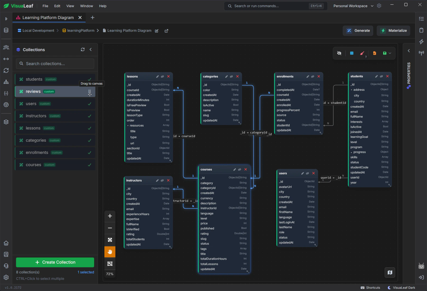 مخطط بنية مرئي في VisuaLeaf مولَّد من مجموعات MongoDB الحالية