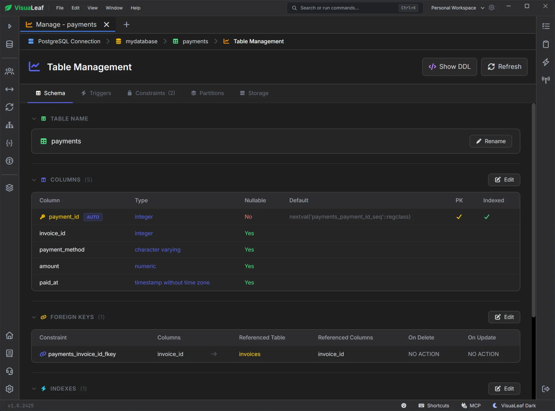 VisuaLeaf Table Management screenshot