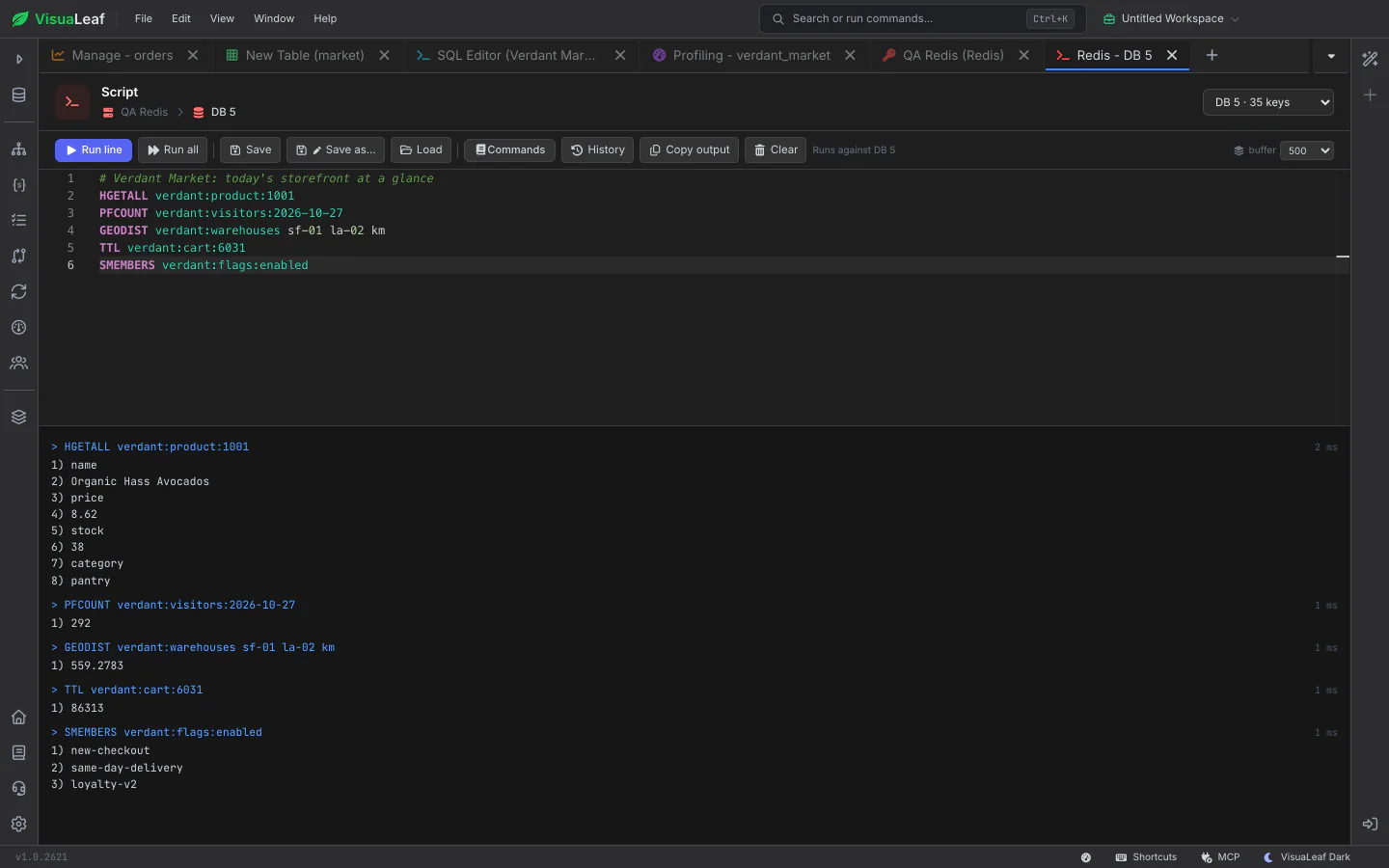 Redis CLI script with several commands and their replies in the output pane below