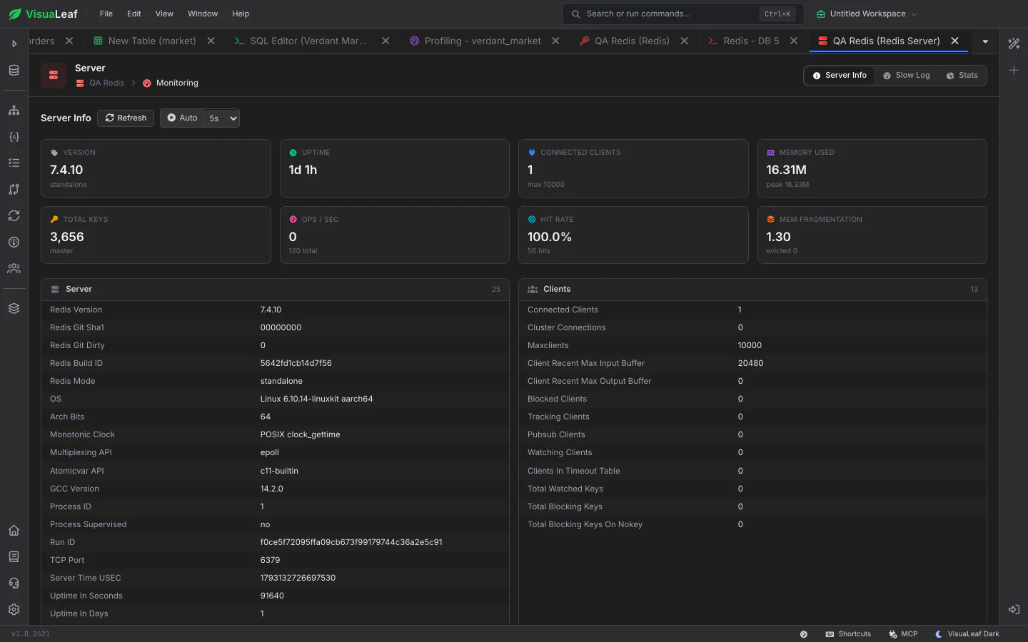 Redis Server Info with memory, clients, keys and hit-rate cards above the INFO sections