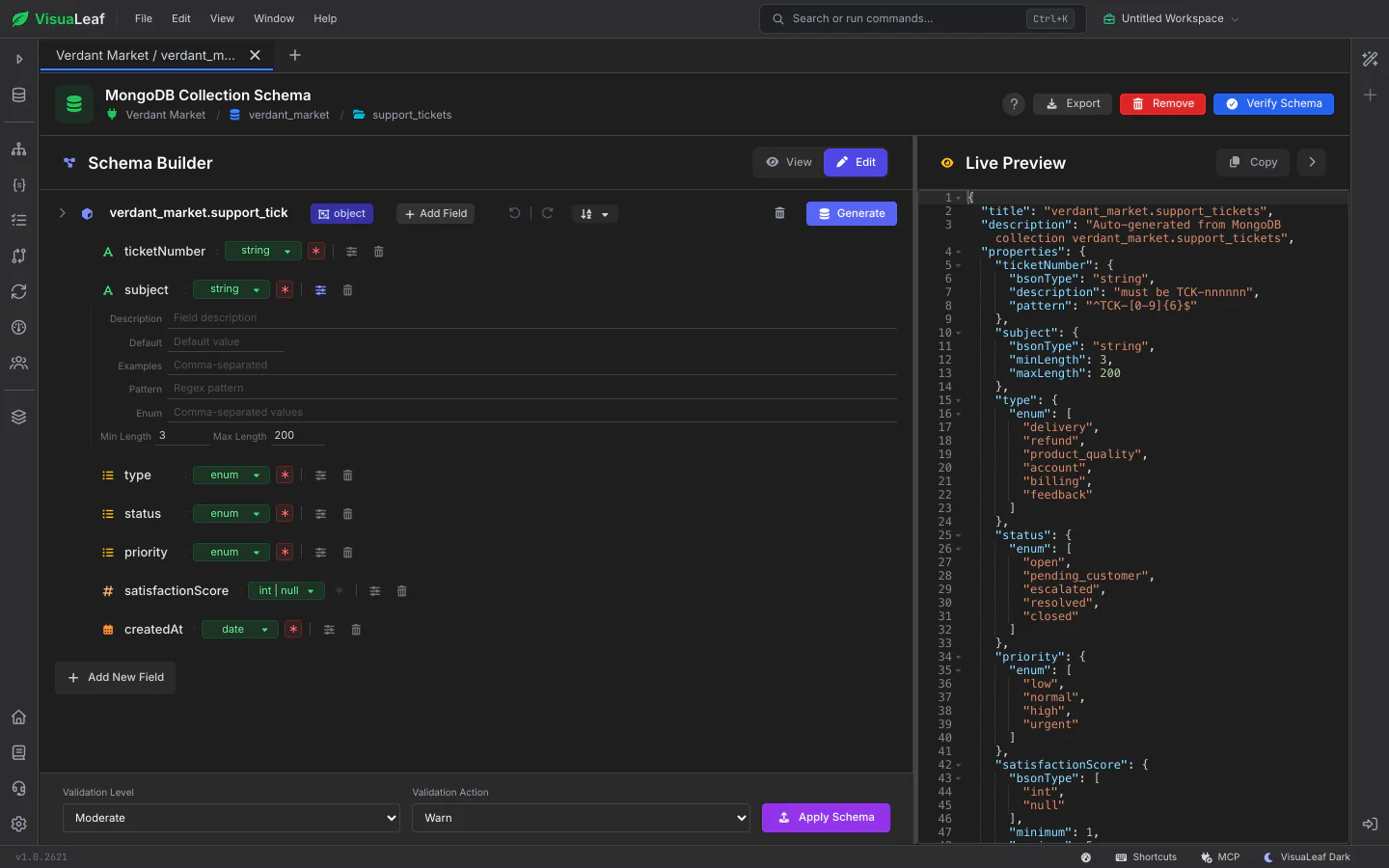 Schema Builder in Edit mode with the rules panel open on a string field: description, pattern, enum and length limits