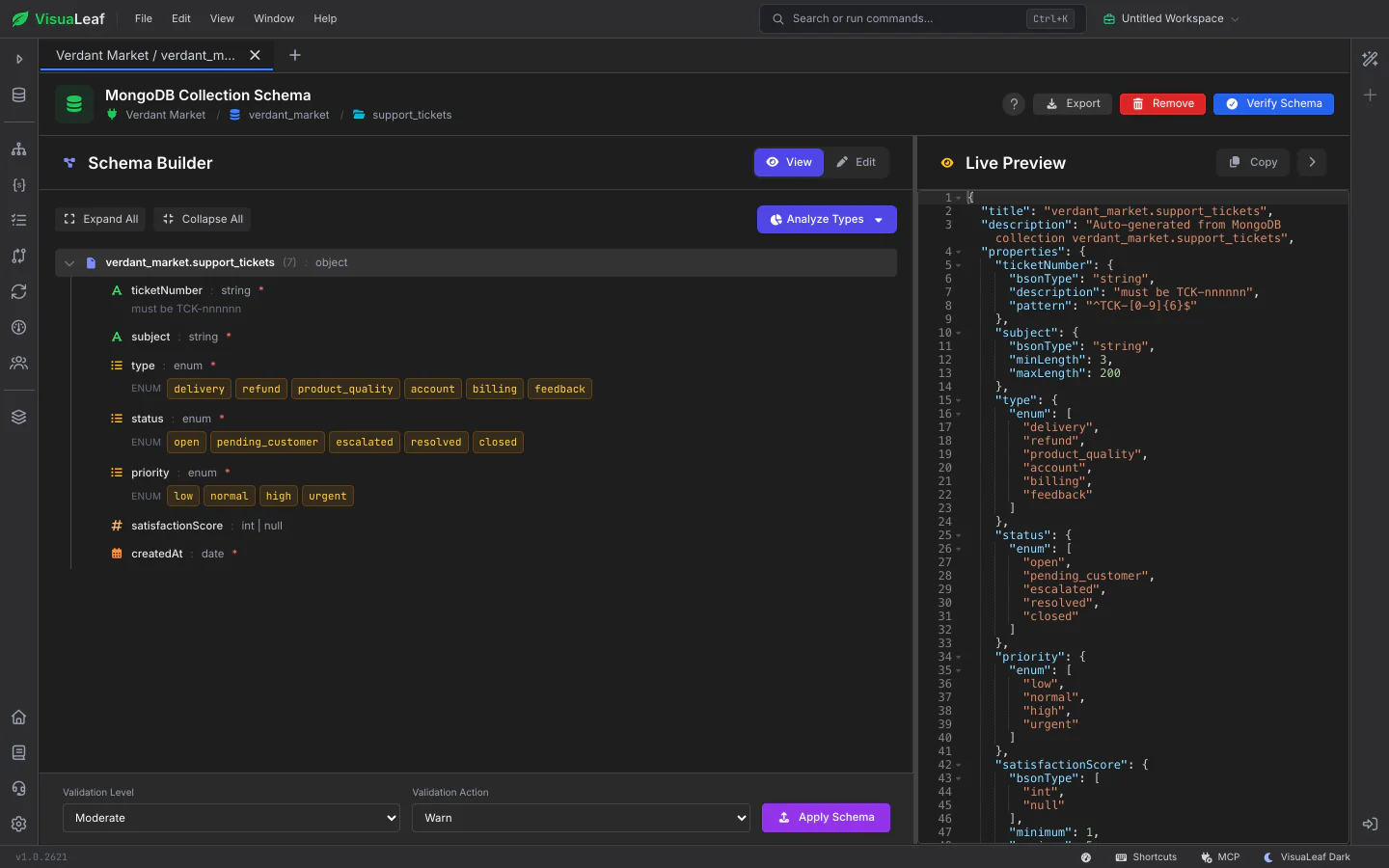 VisuaLeaf Schema Builder showing a support tickets validator with required fields, enum values, a pattern and a live JSON preview