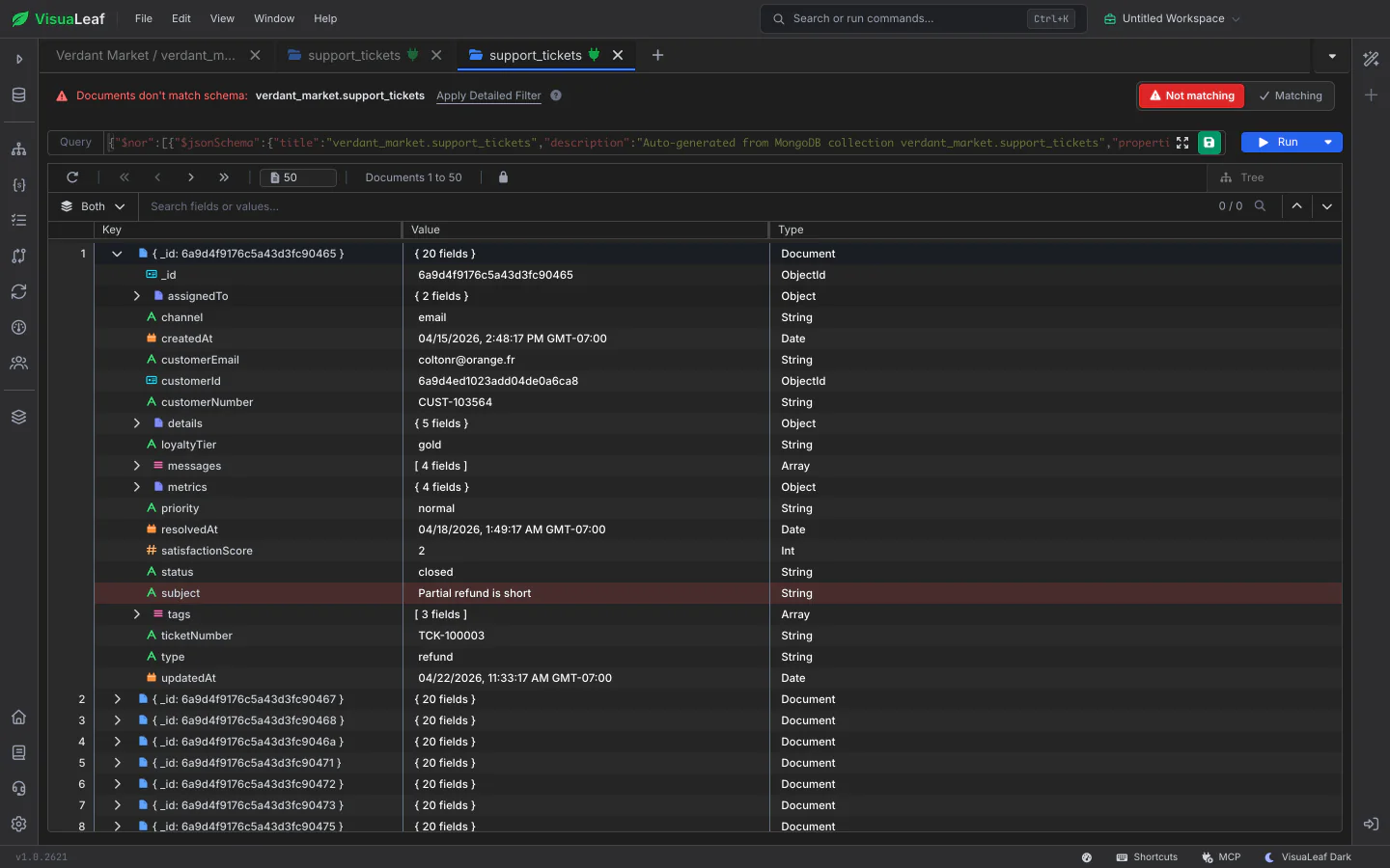 Verify Schema results listing the documents that break the schema, with the failing field highlighted