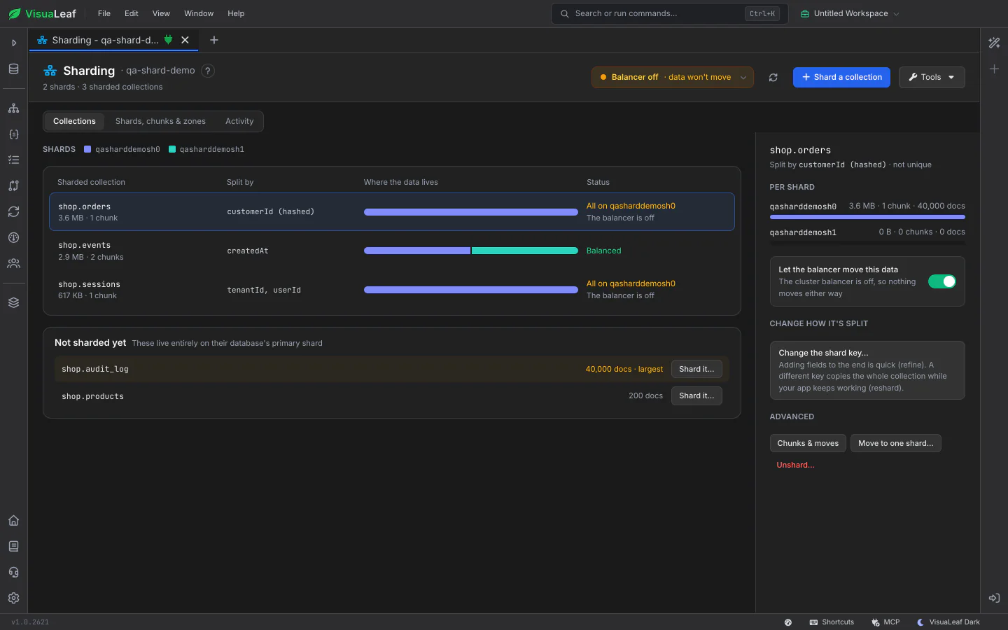 VisuaLeaf sharding Collections view with one bar per sharded collection showing how its data is split across shards