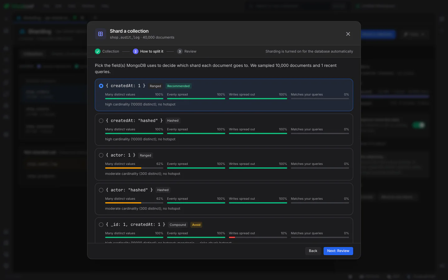 Shard a collection flow with scored shard key suggestions and a review of the command that will run