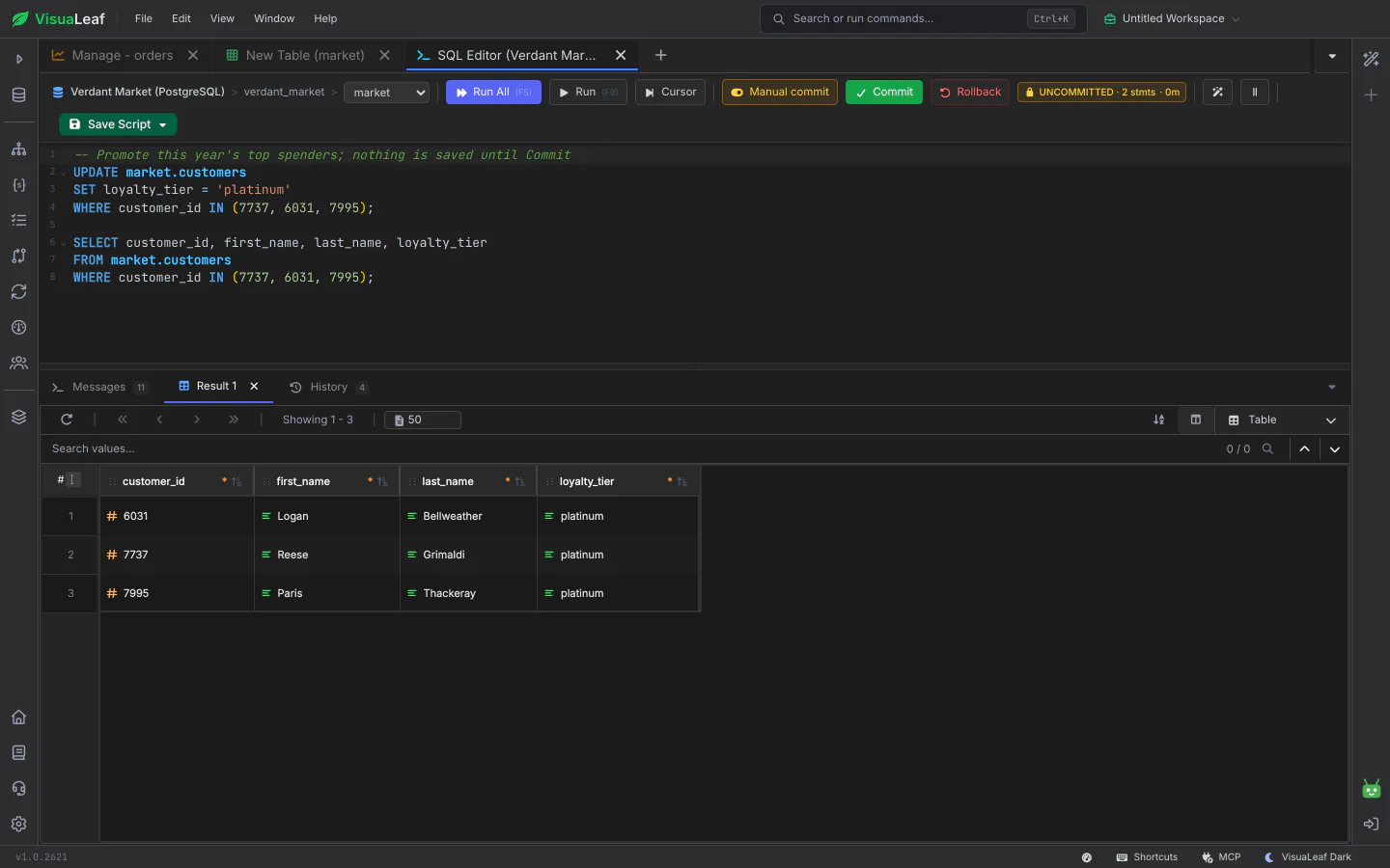 VisuaLeaf SQL Editor in manual-commit mode with an UNCOMMITTED badge and Commit and Rollback buttons