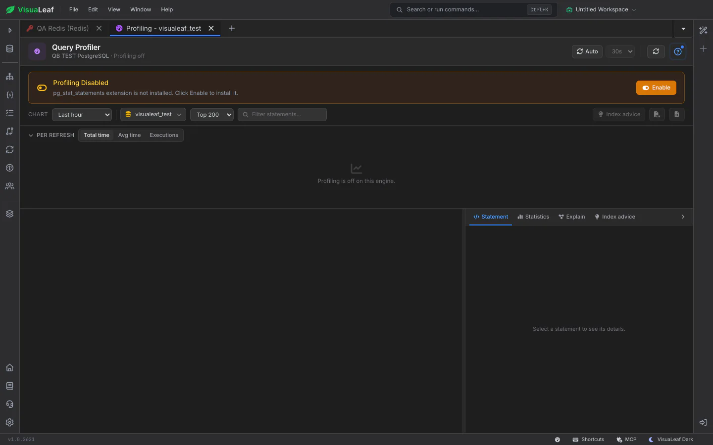 SQL Query Profiler on a PostgreSQL server where statement statistics are off, saying why and offering Enable