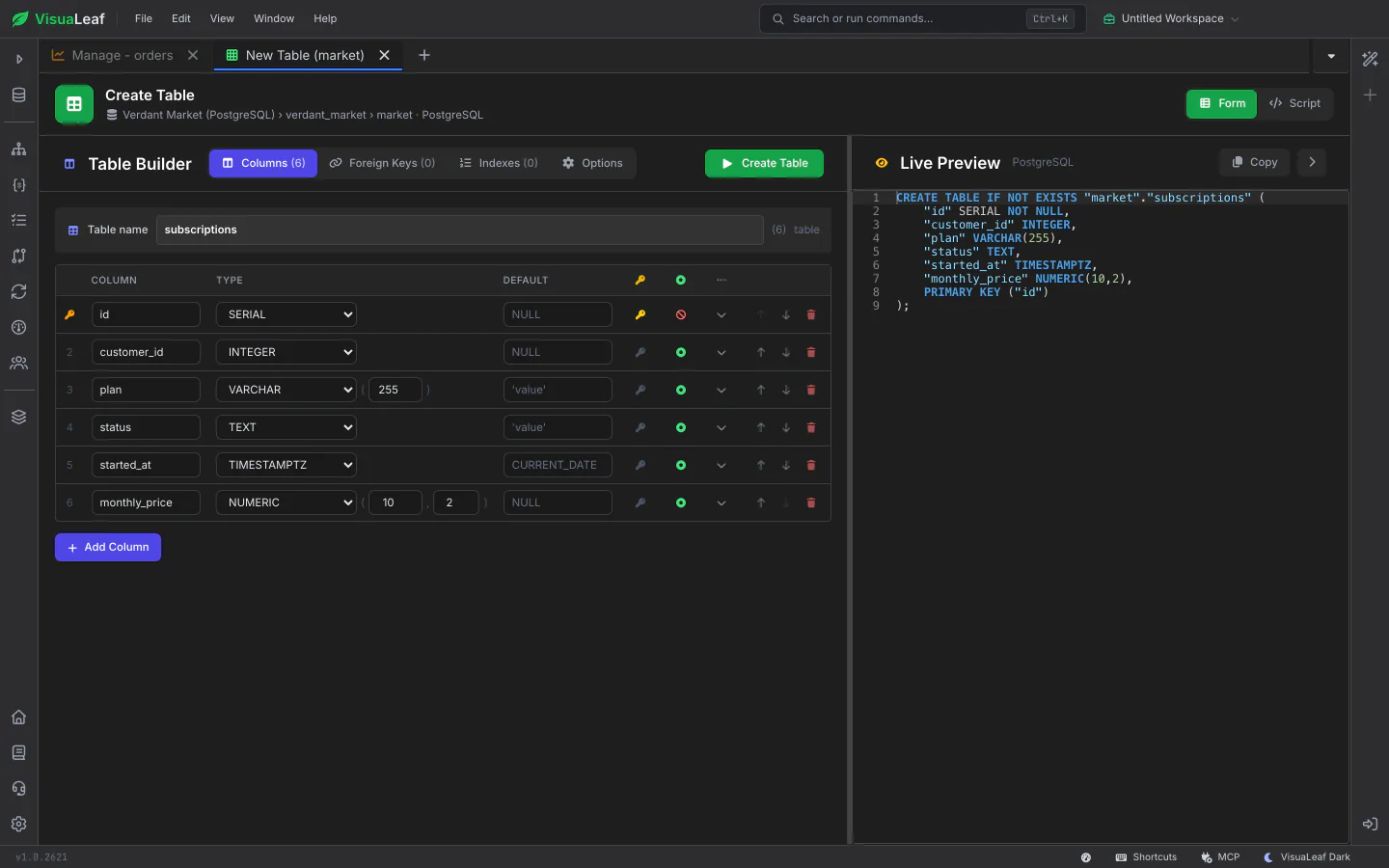 Create Table form with columns on the left and the live SQL preview on the right