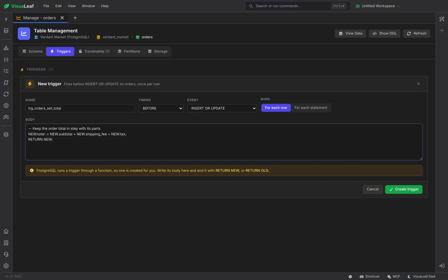 New trigger form on a PostgreSQL table with its name, timing, event, once-per-row switch, body and a live summary of what it will do