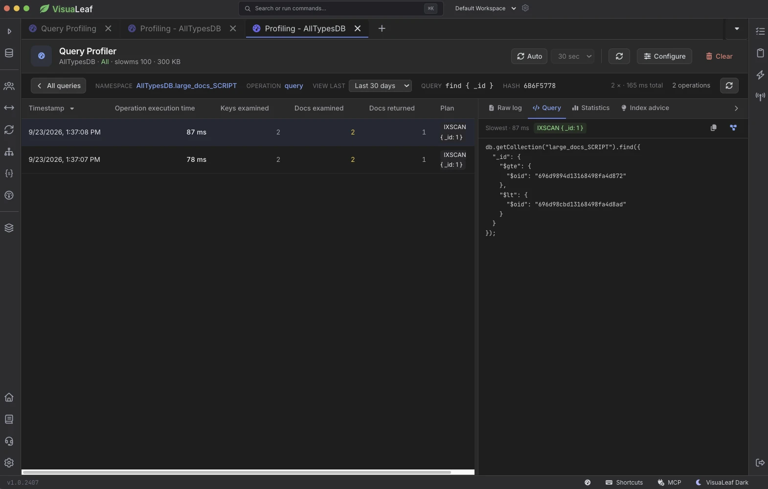 Query profiler drill-down listing each run of a query with its plan and the full query text