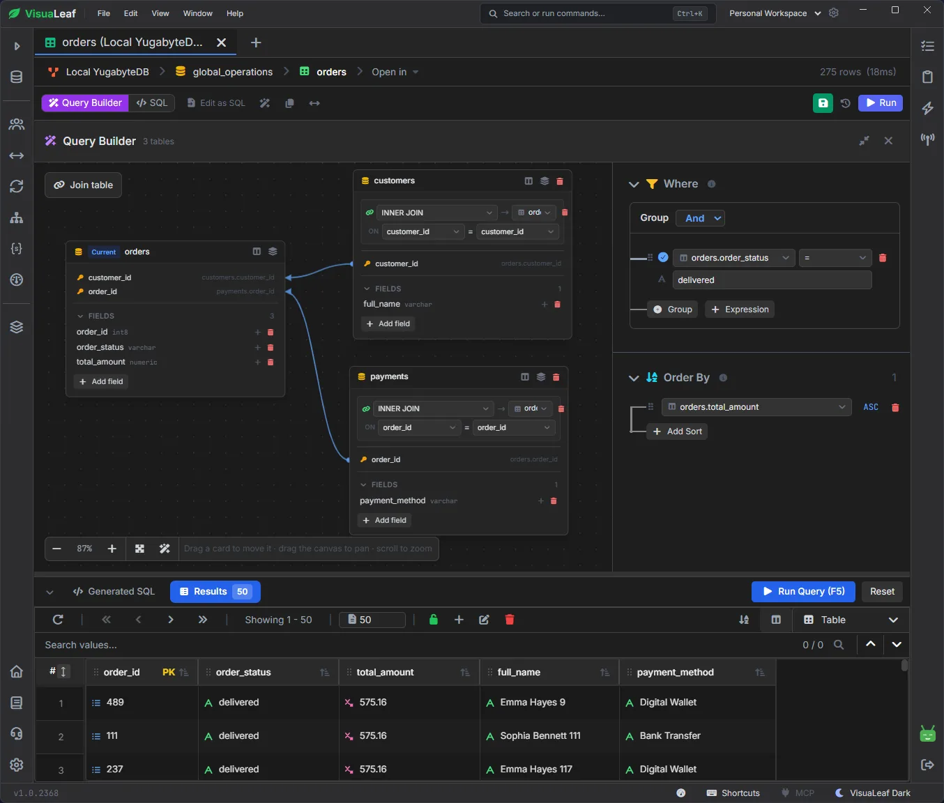 VisuaLeaf YugabyteDB visual query builder assembling JOINs and exporting to SQL