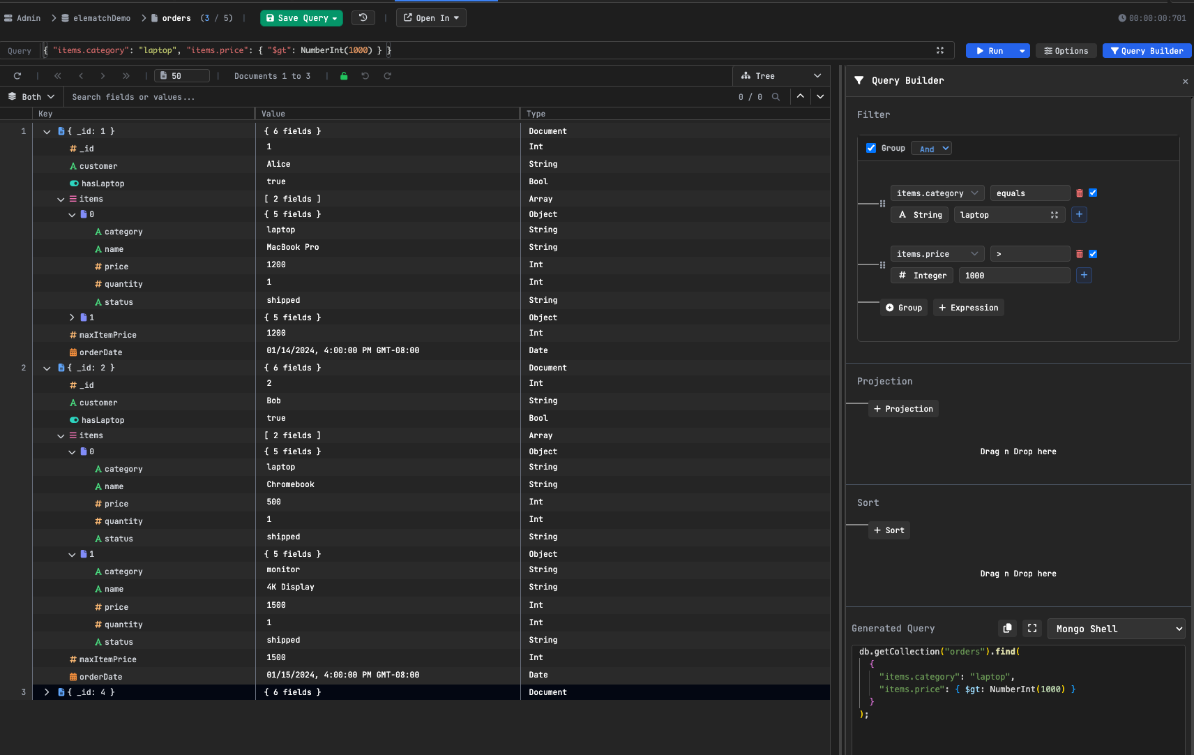 MongoDB query builder example filtering array fields without $elemMatch