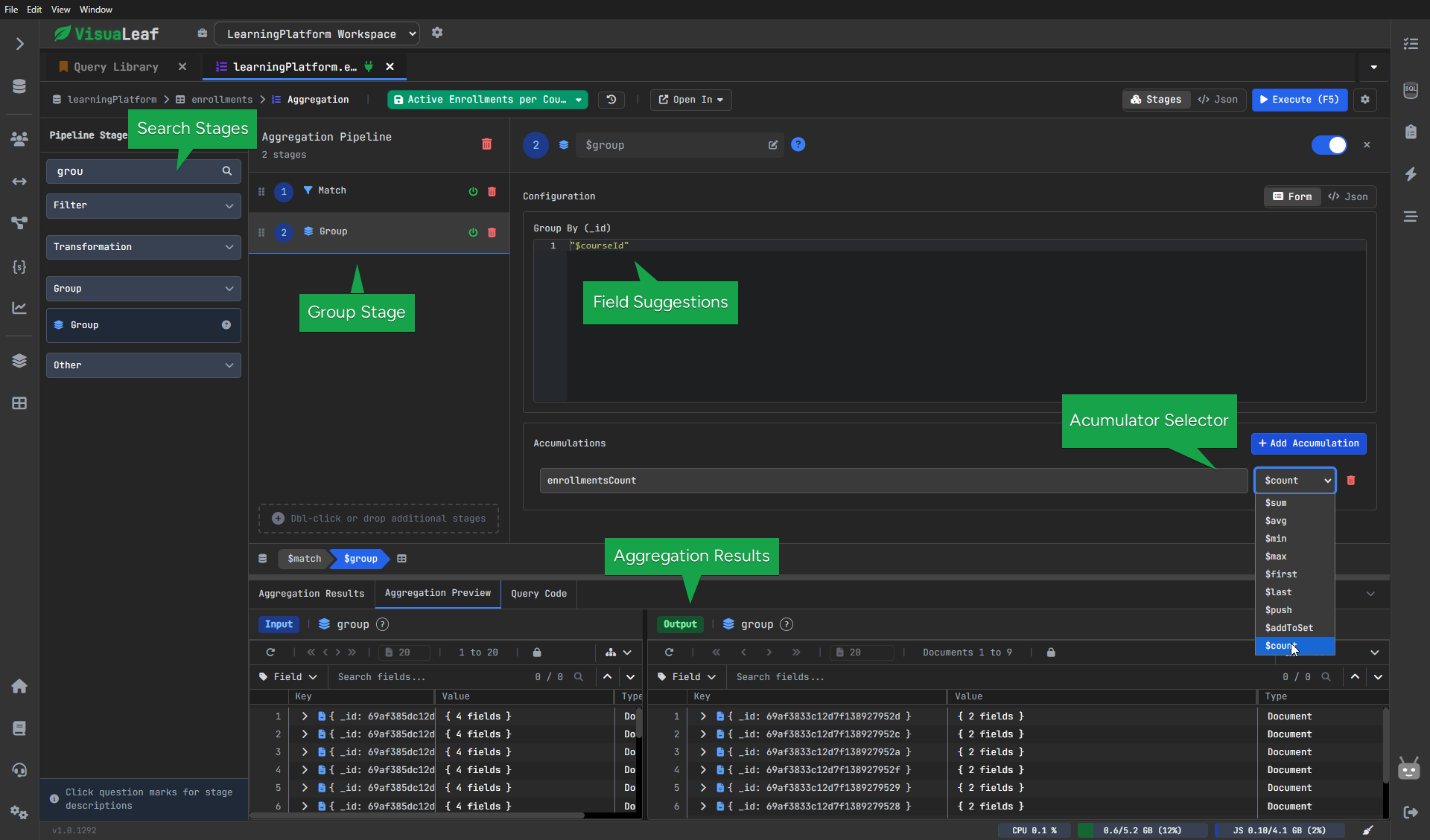 MongoDB $group stage for enrollments per course