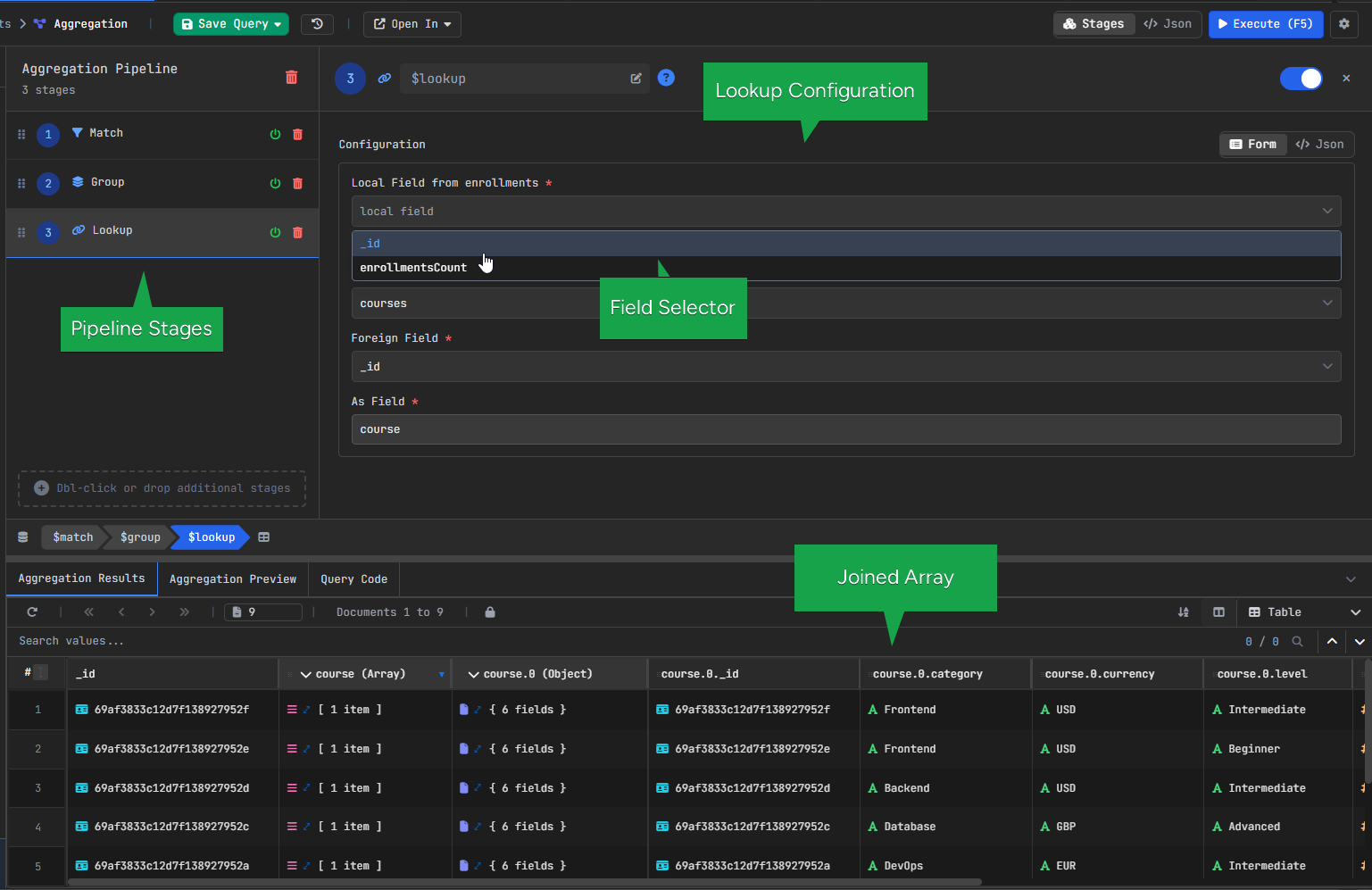 MongoDB $lookup stage joining course data with live preview