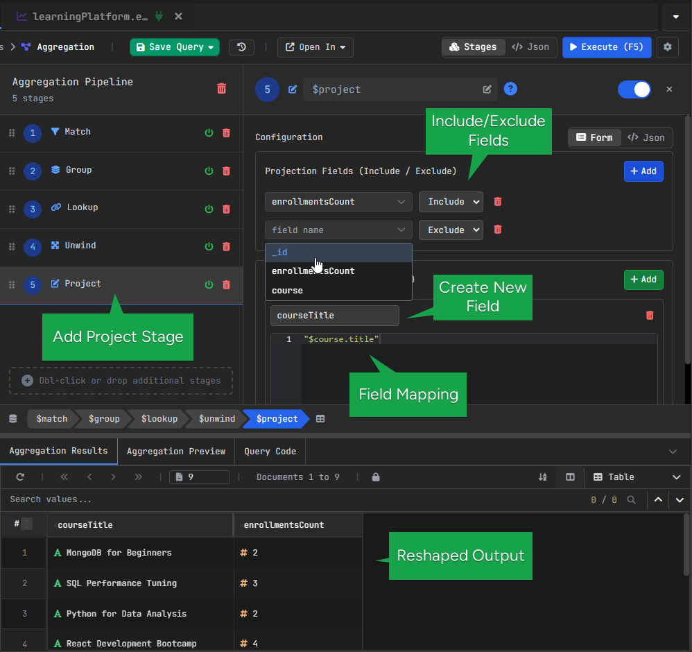 MongoDB $project stage shaping output with courseTitle field