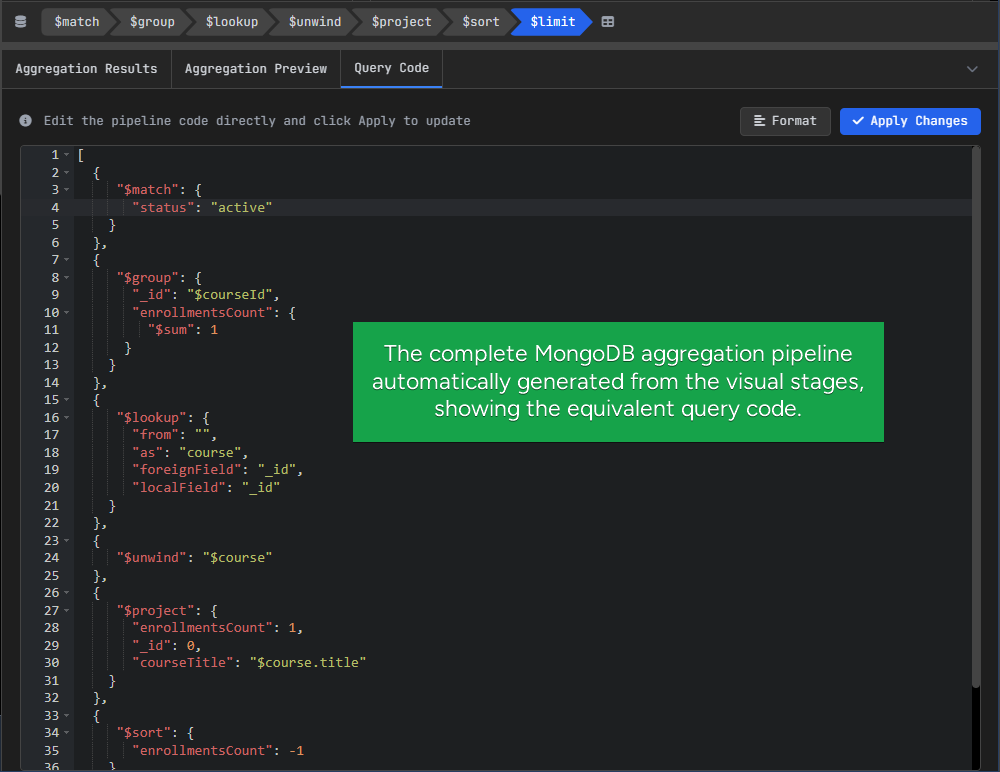 The full aggregation pipeline code generated automatically from the visual builder.