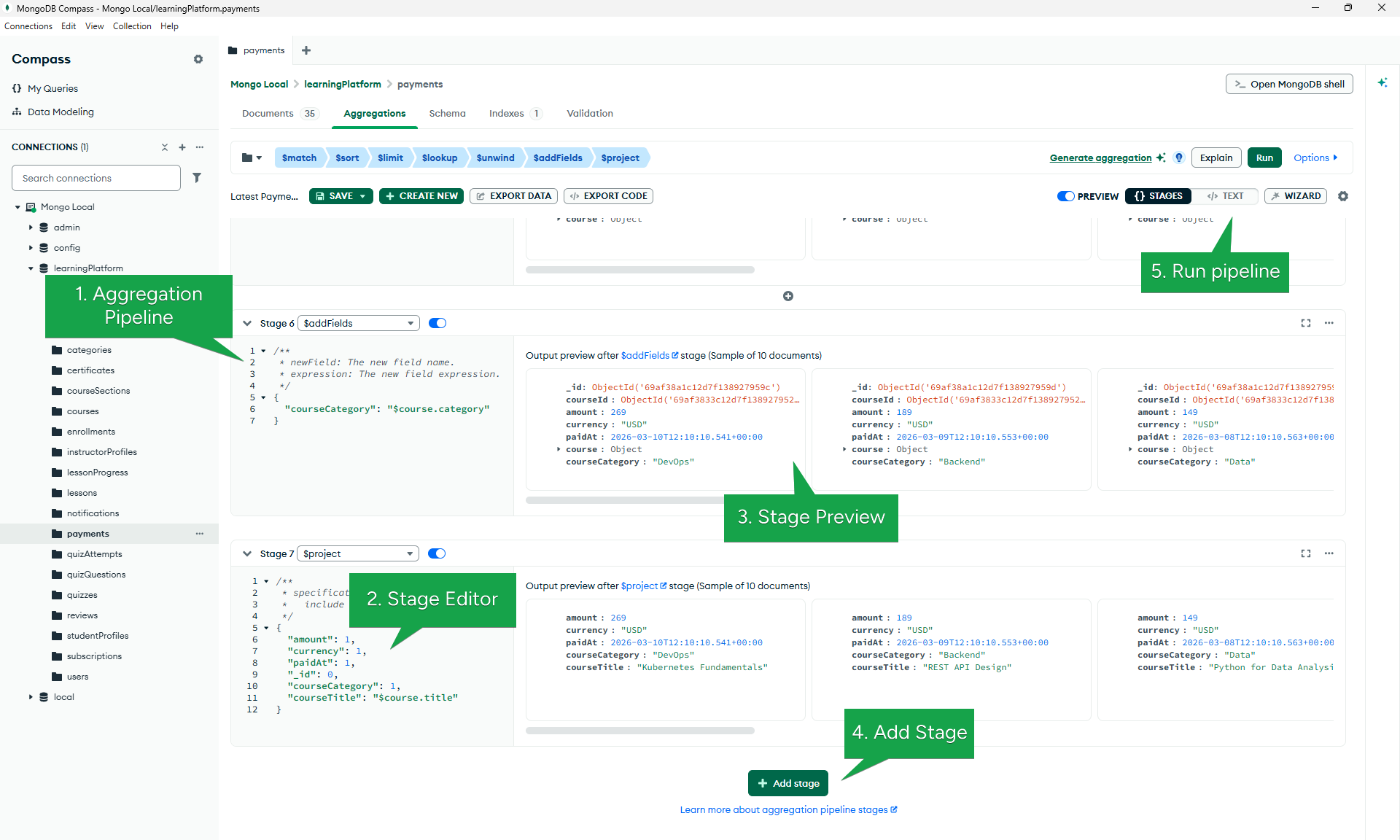 MongoDB Compass aggregation pipeline builder interface