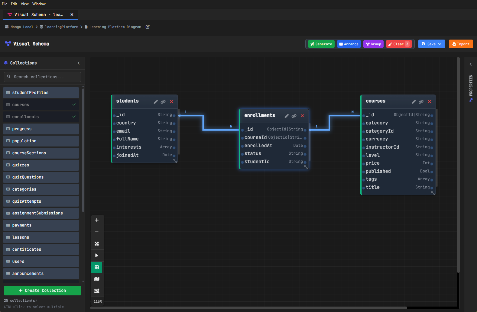 MongoDB collection relationships shown in a visual schema diagram