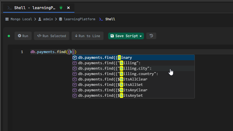 MongoDB shell with auto-suggestions for fields and operators