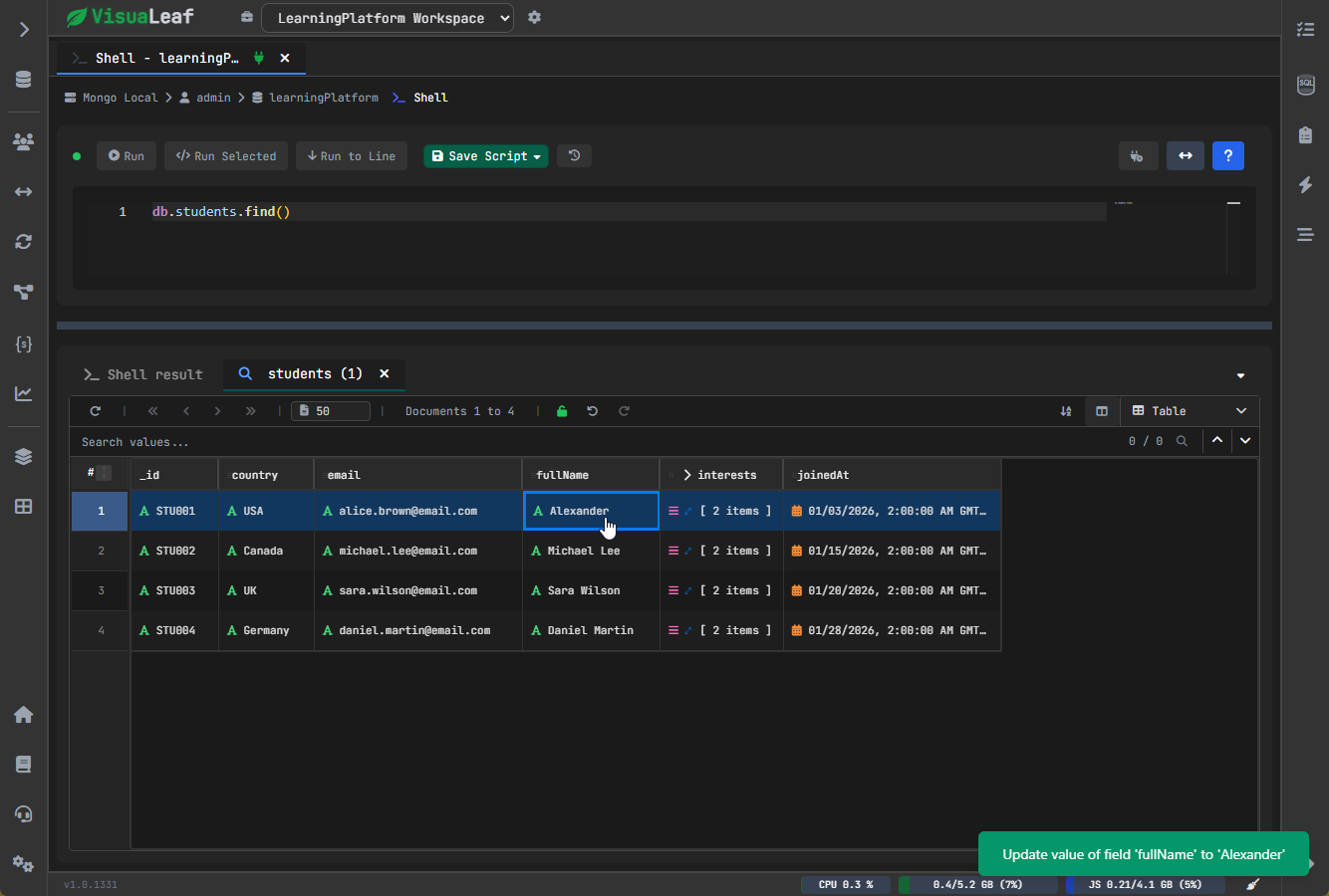 Edit MongoDB data directly in query results