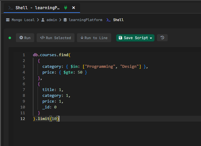 MongoDB shell with syntax highlighting for easier query reading