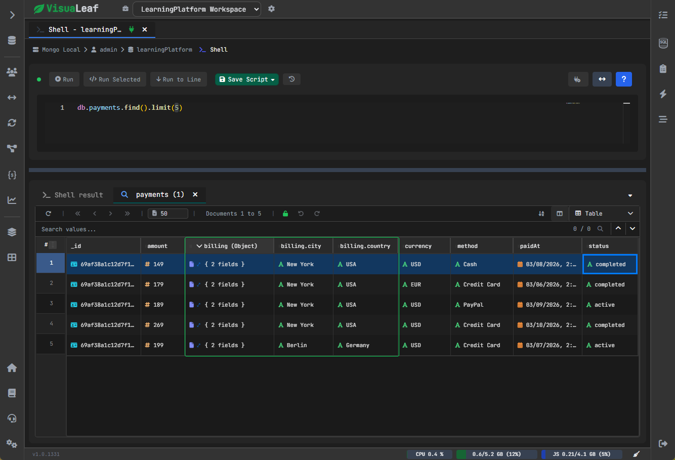 MongoDB table view for scanning and comparing documents
