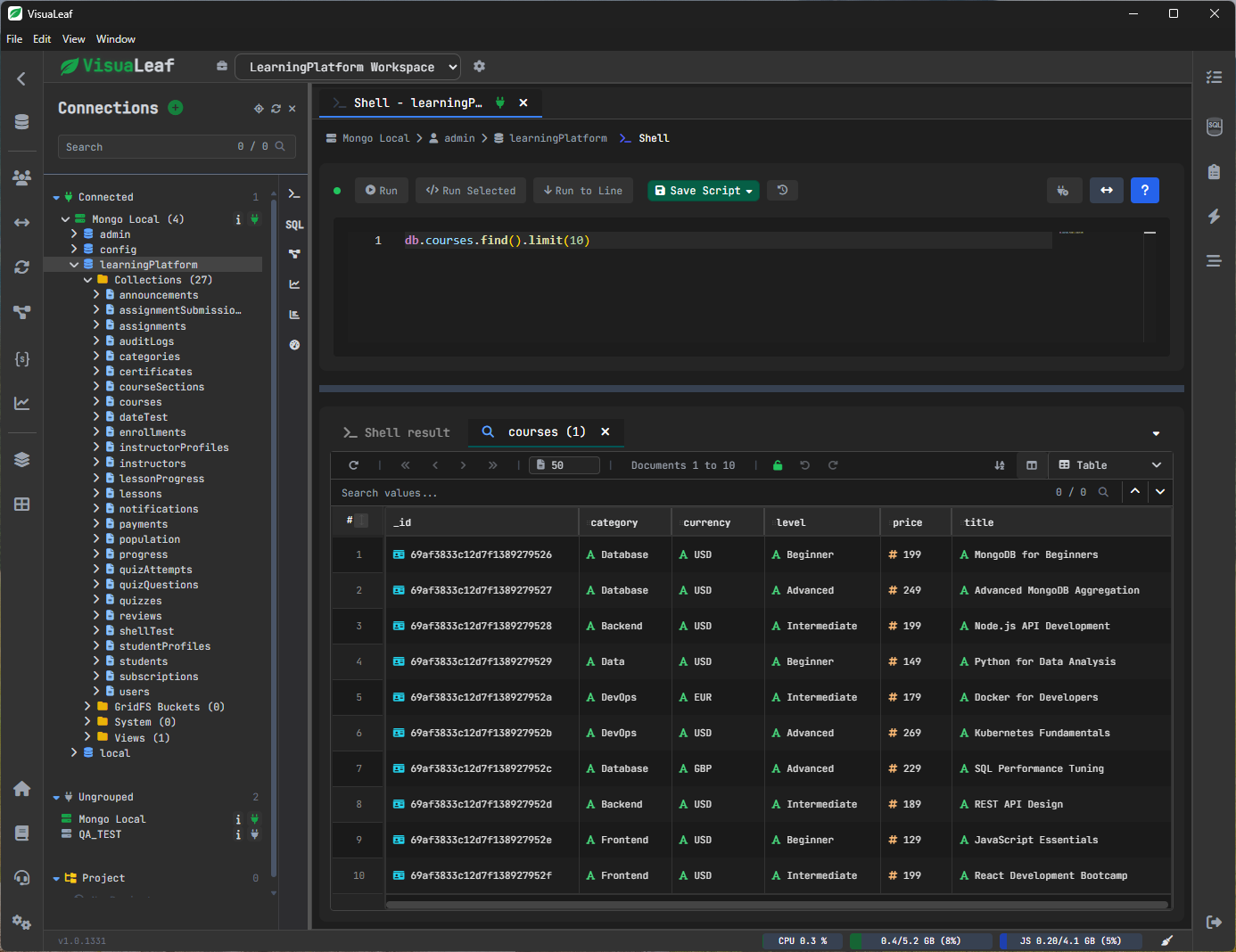 MongoDB shell with query editor and visual results in one workspace