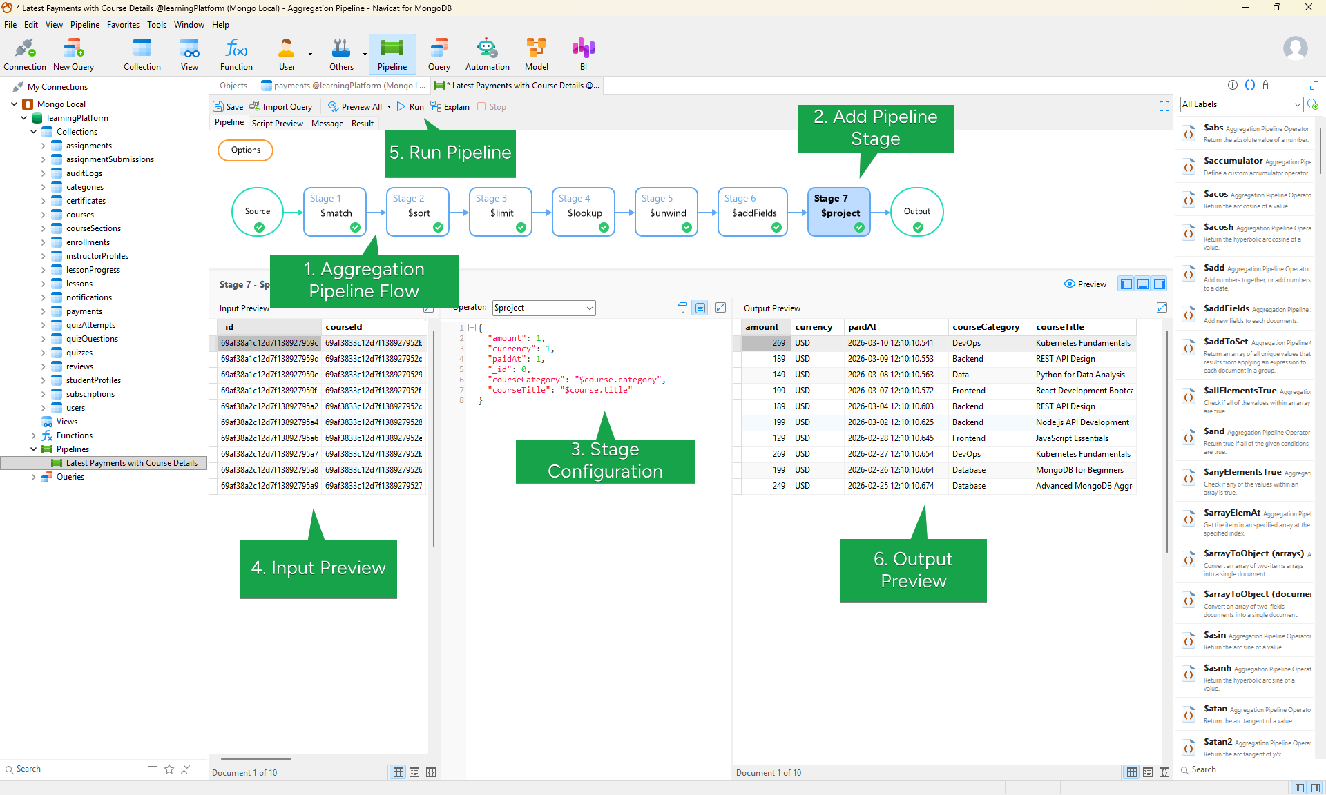 Navicat MongoDB aggregation pipeline editor with stage flow and preview