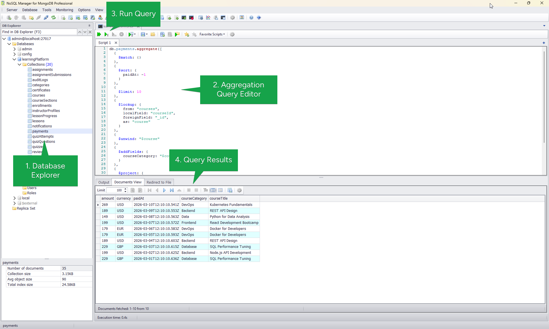 NoSQL Manager running a MongoDB aggregation pipeline in the query editor