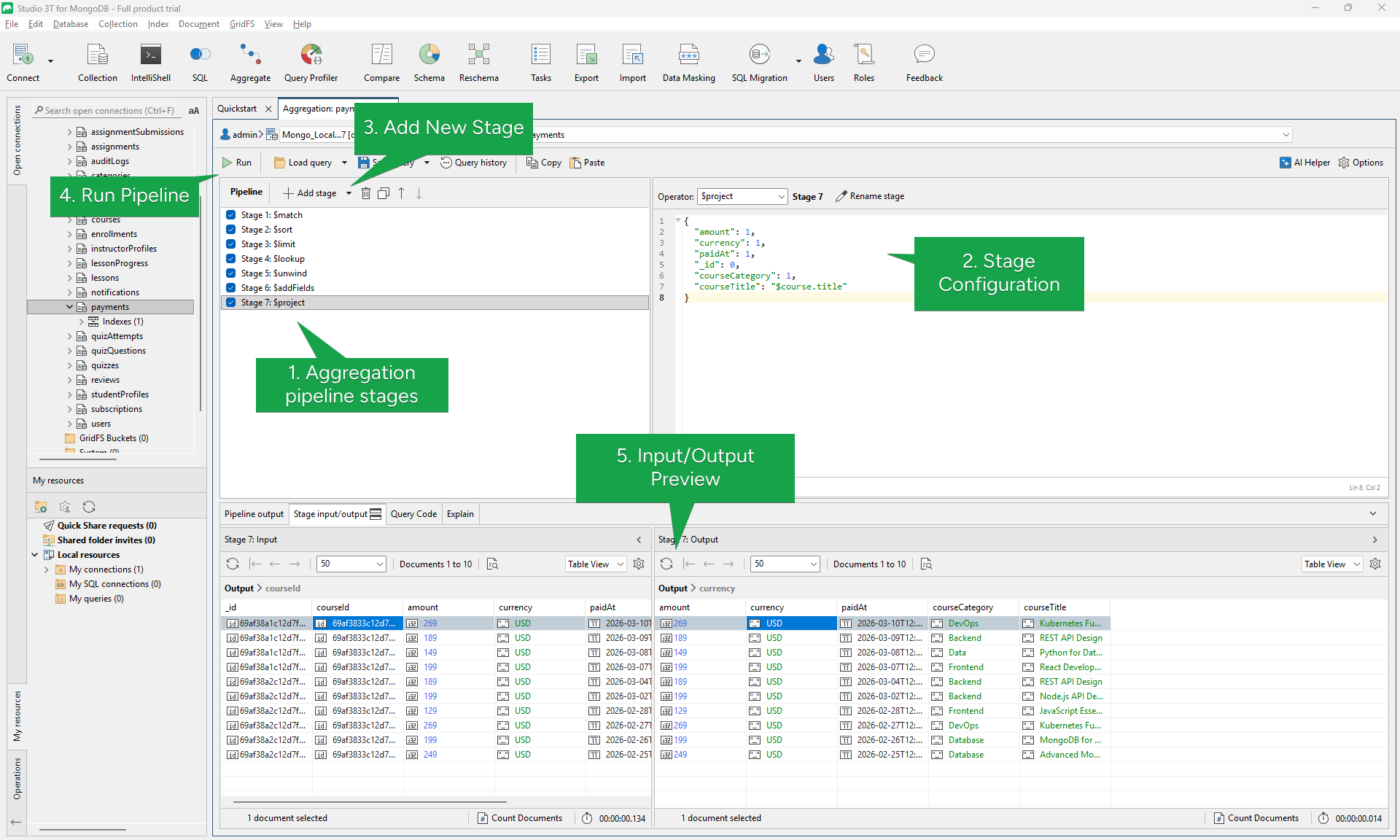 Studio 3T aggregation pipeline builder with stage preview