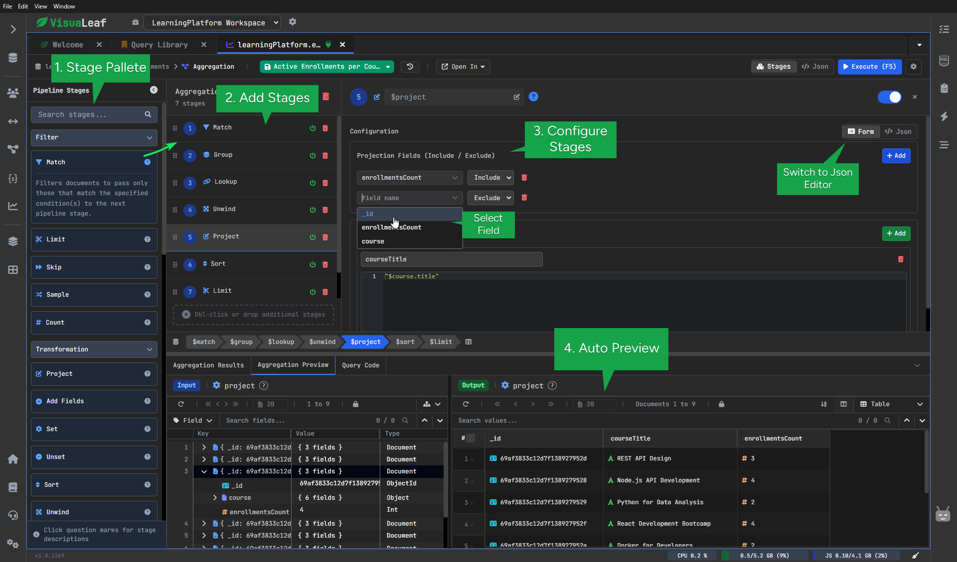 VisuaLeaf aggregation pipeline builder with stages and live preview
