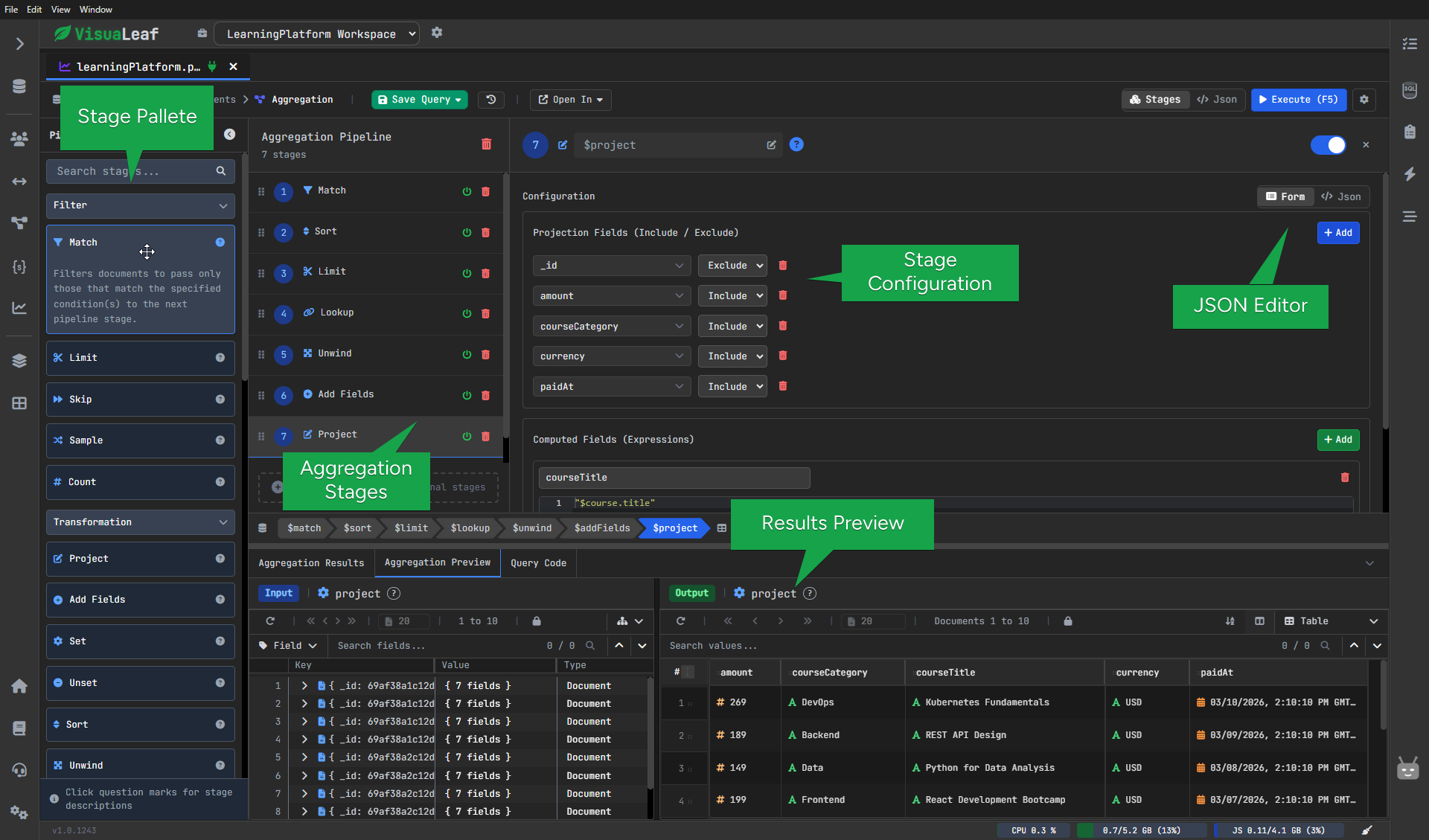 VisuaLeaf aggregation pipeline builder with stages and live preview