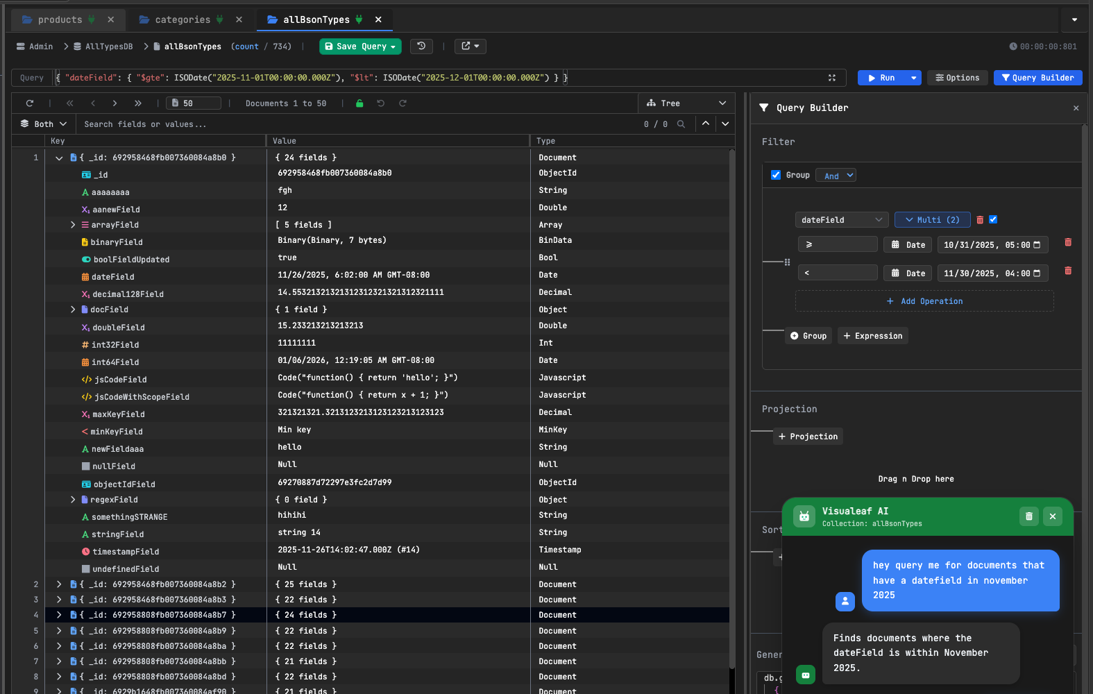 AI prompt to visual MongoDB query builder