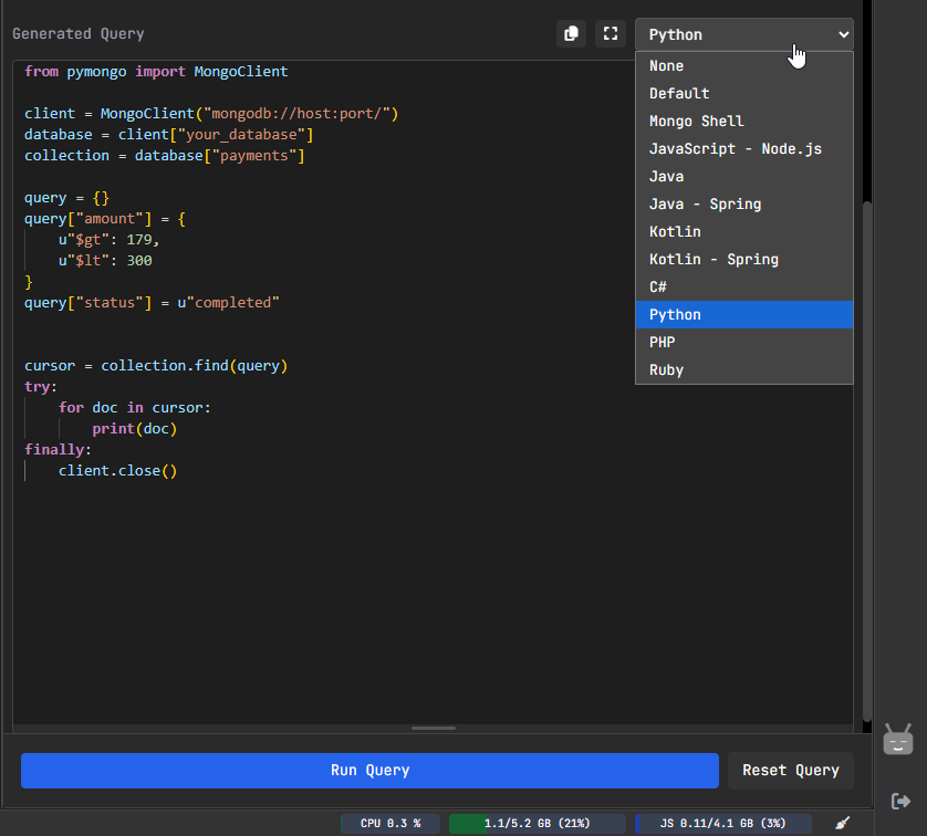 MongoDB query code export in multiple languages