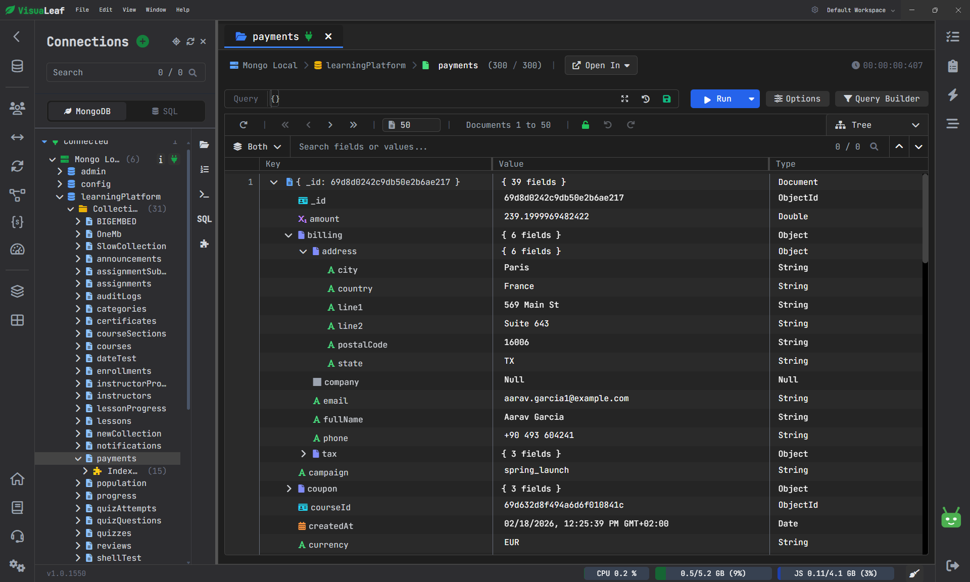 MongoDB payments collection with nested fields and values.