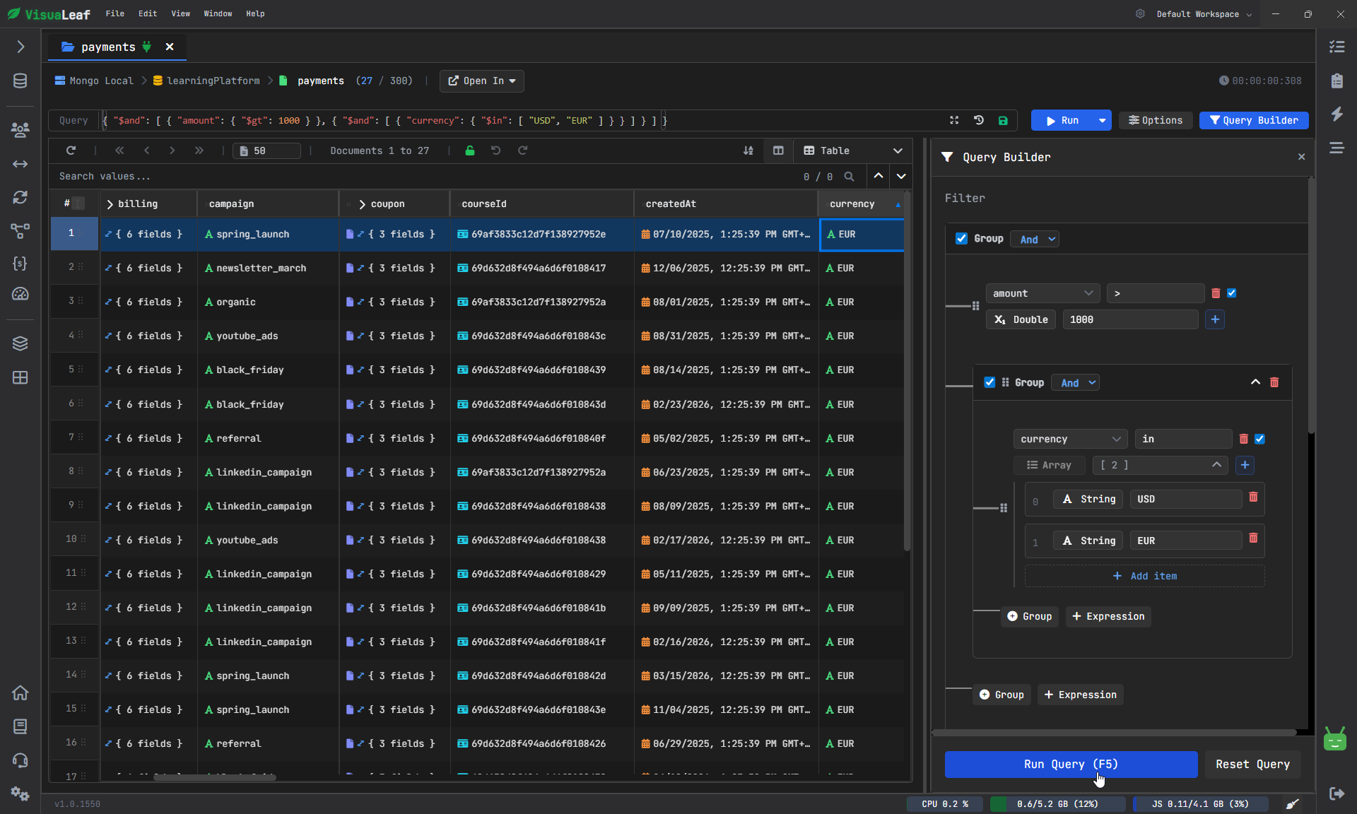 Query Builder filtering MongoDB payments by amount and currency.