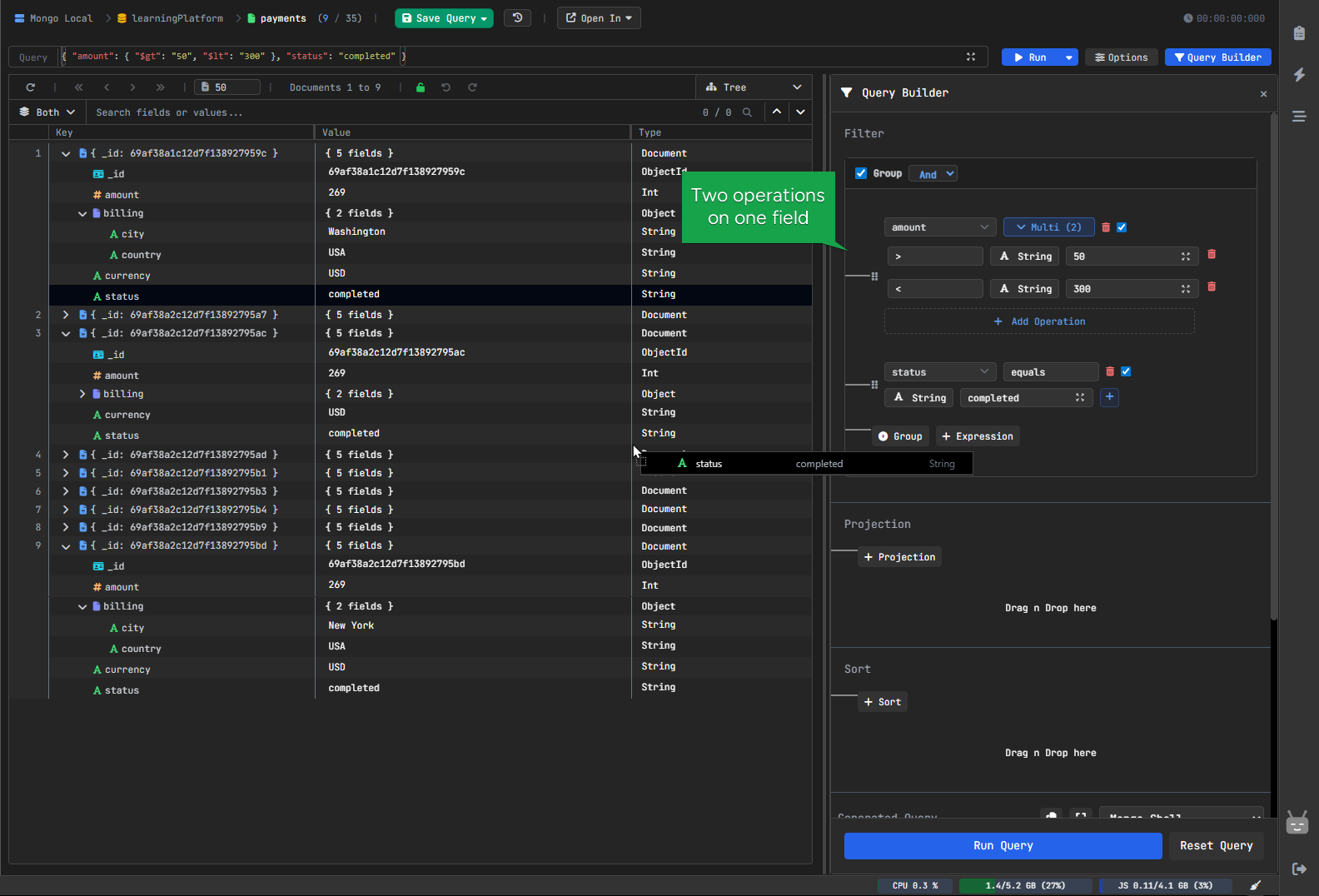 MongoDB query builder with multiple fields combined in one filter