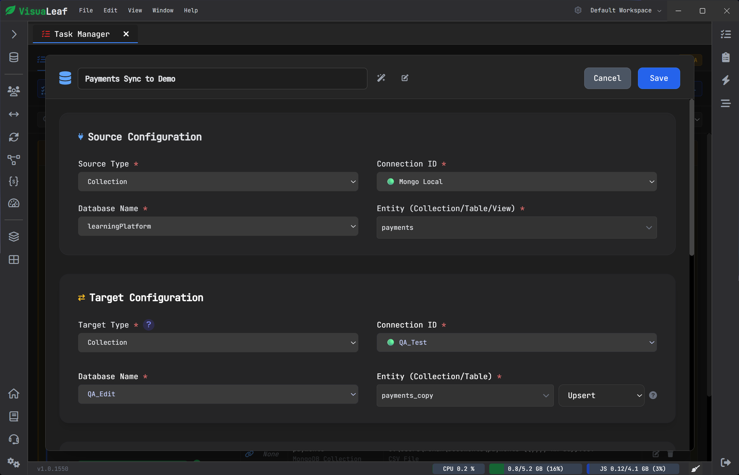 VisuaLeaf Task Manager sync job configured between two MongoDB collections.