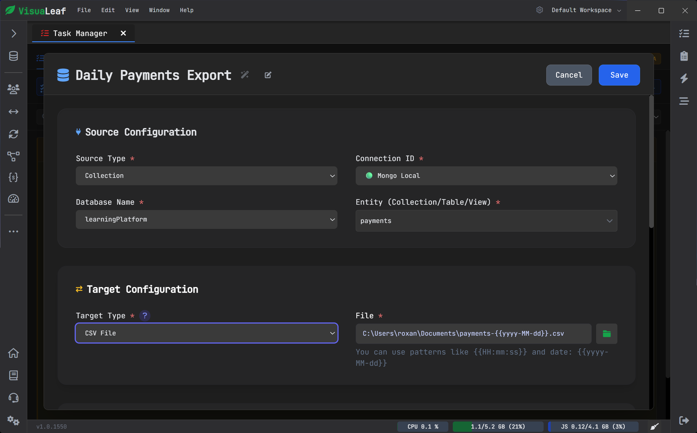 VisuaLeaf Task Manager configured to export a MongoDB collection to CSV.
