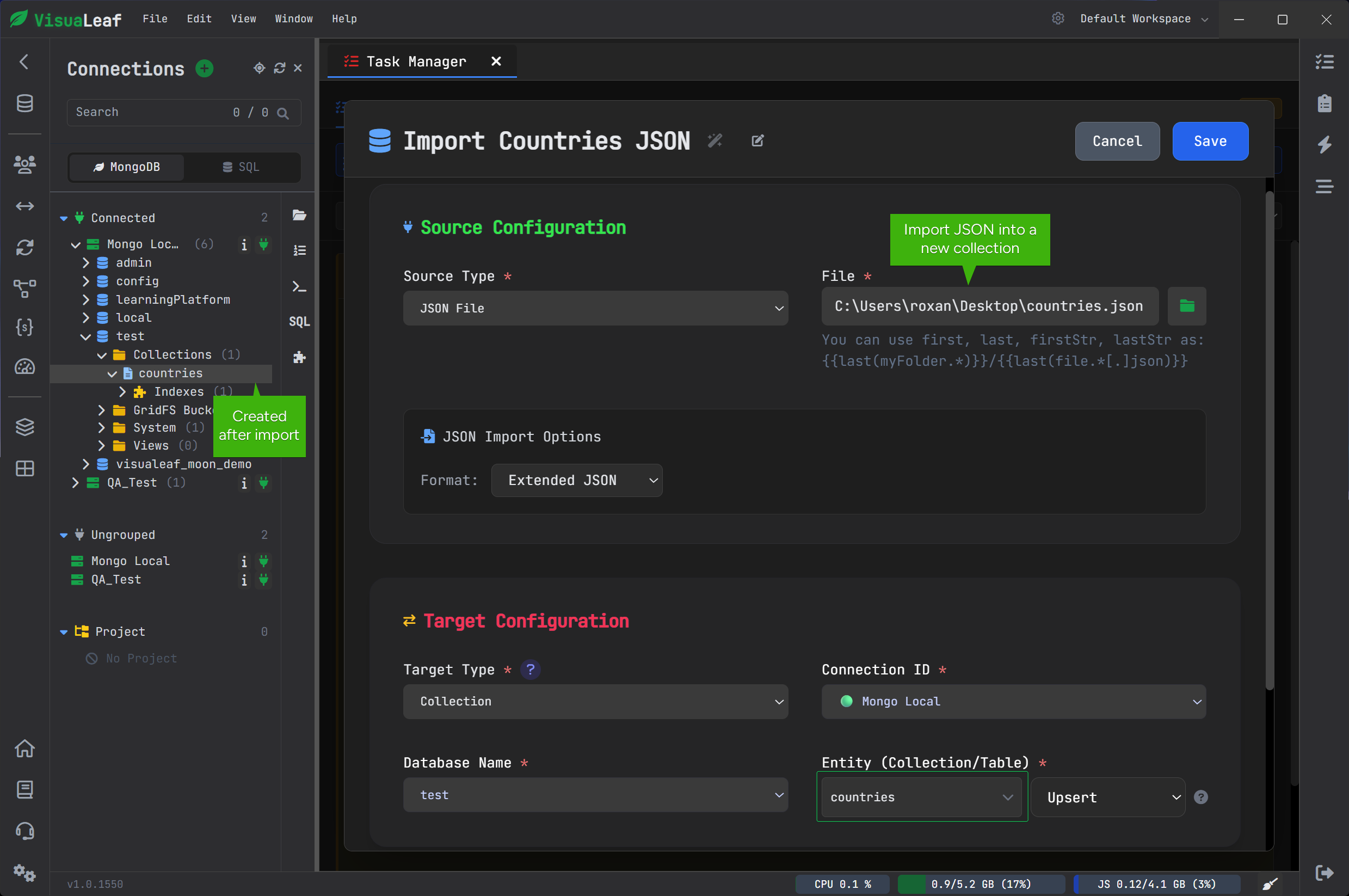 VisuaLeaf Task Manager configured to import file data into a MongoDB collection.