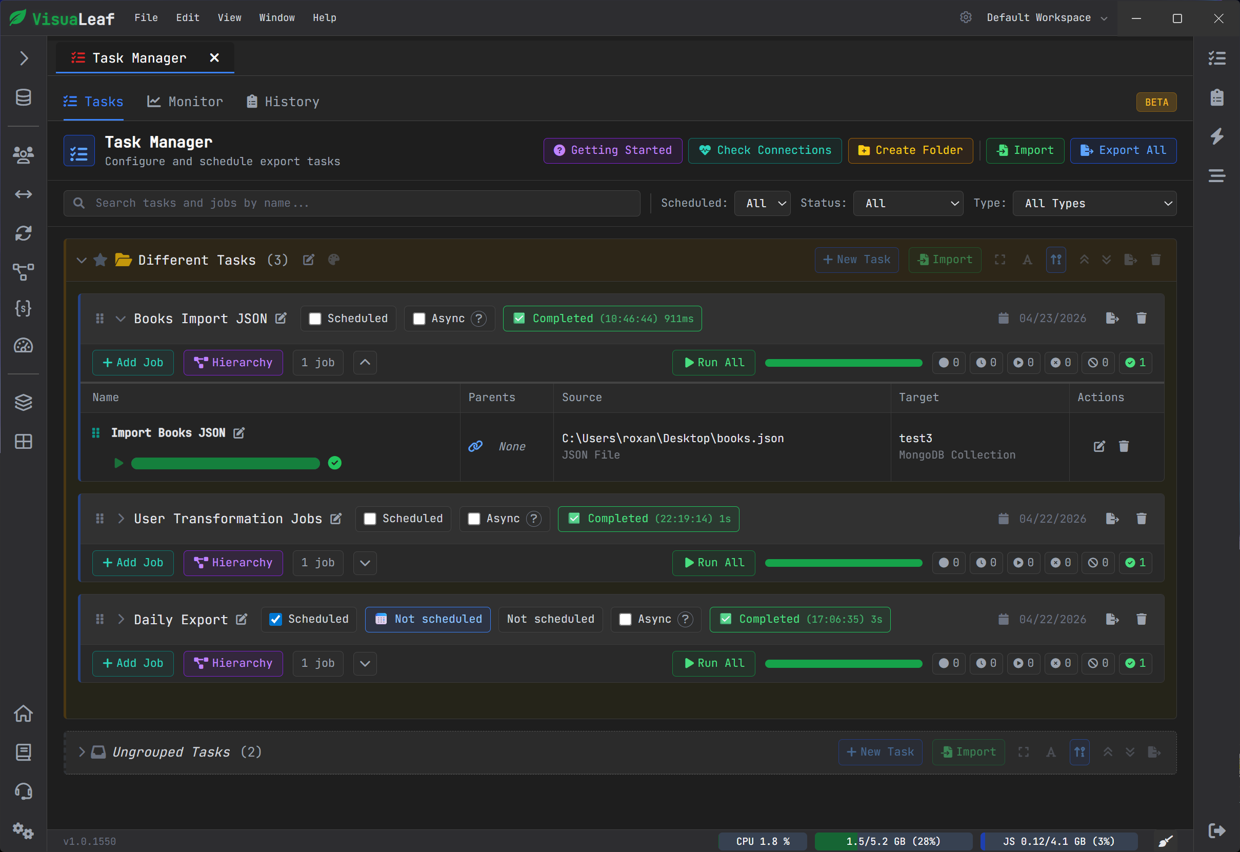VisuaLeaf Task Manager overview showing a saved MongoDB export task in the main Tasks view.