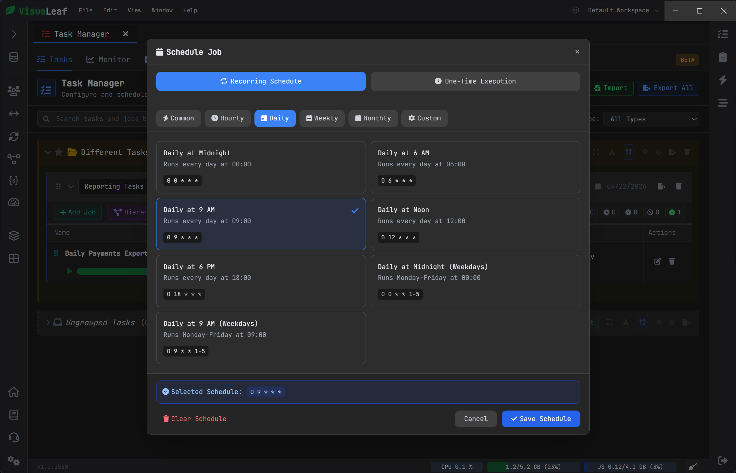VisuaLeaf Task Manager showing recurring schedules: hourly, daily, weekly, monthly, and custom.