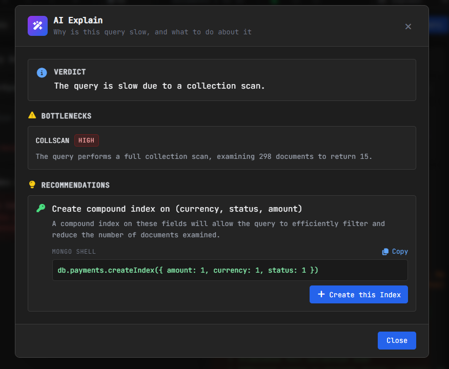 VisuaLeaf AI Explain showing collection scan for payments query