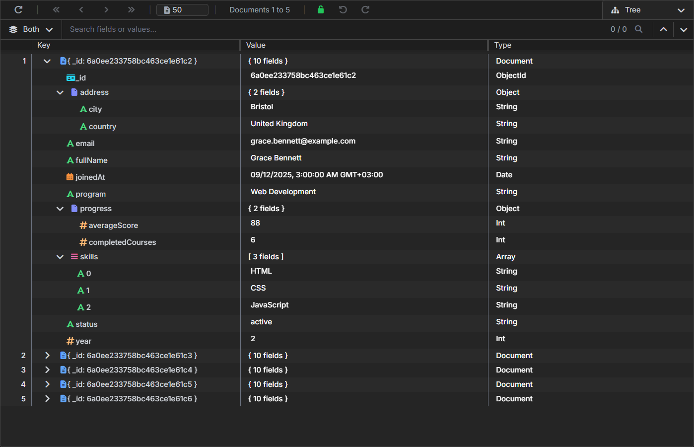 VisuaLeaf showing a MongoDB students collection in Tree View with nested fields and indexes.