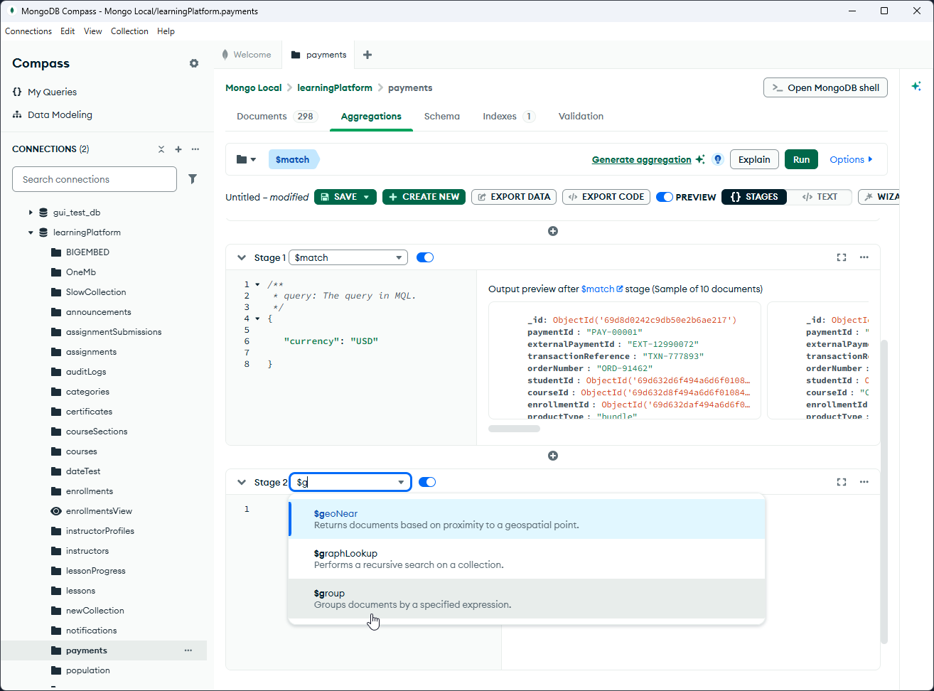 MongoDB Compass aggregation pipeline builder