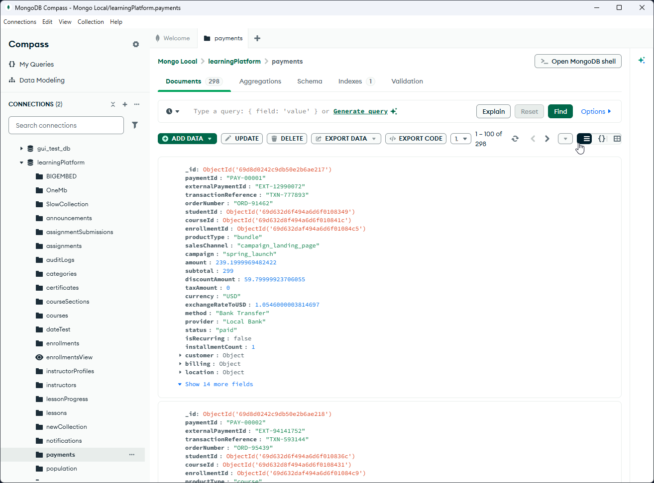 MongoDB Compass collection and document view
