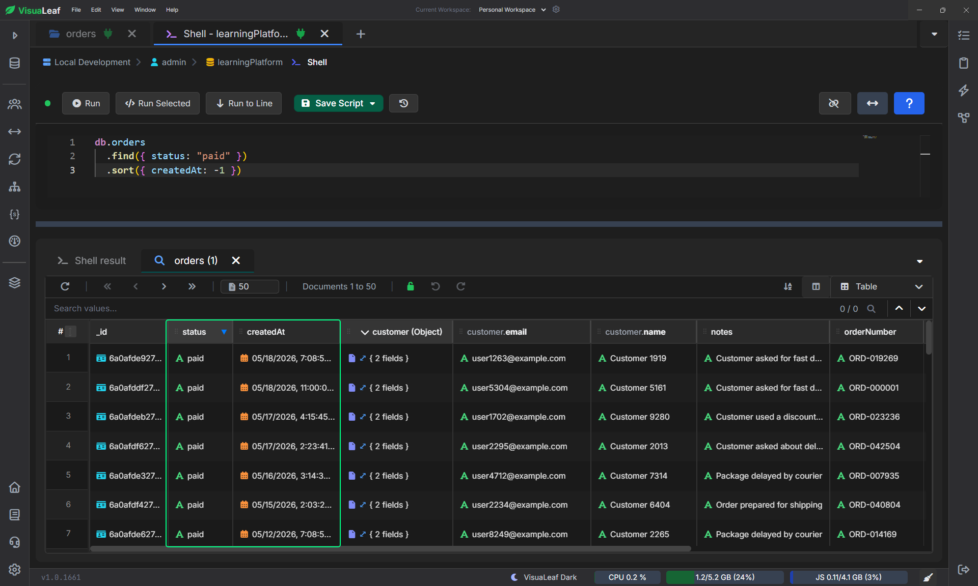 Compound MongoDB index with status and createdAt fields in VisuaLeaf