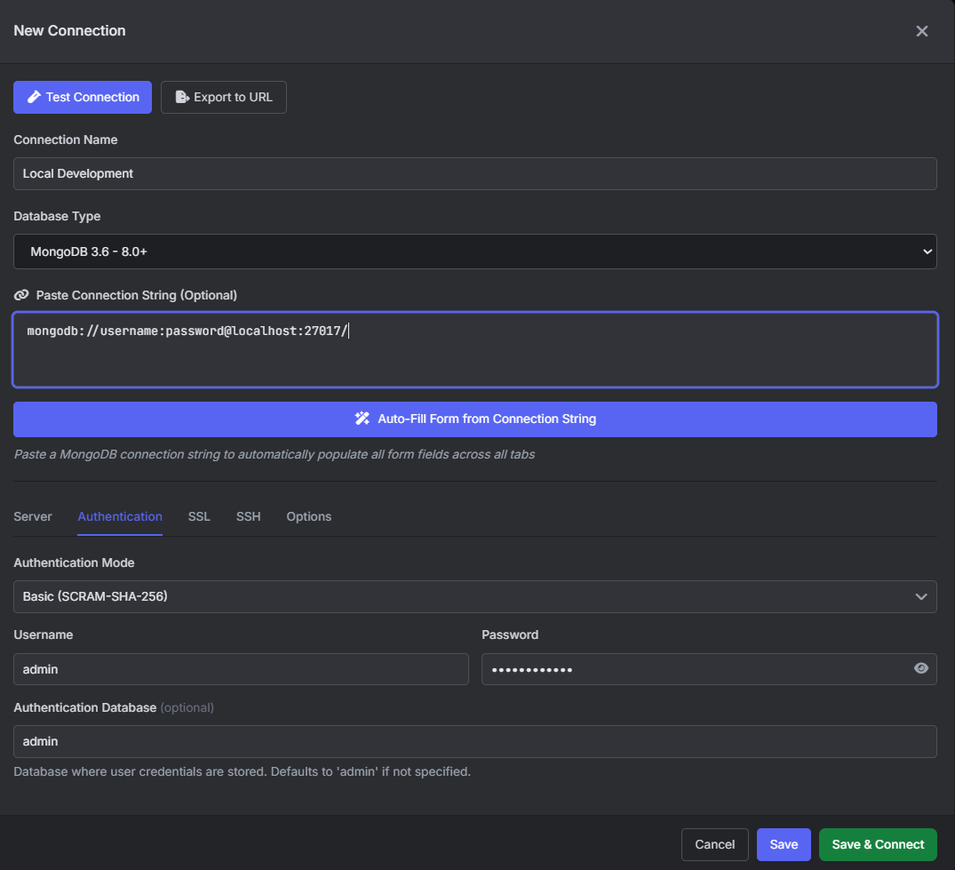 VisuaLeaf new MongoDB connection window with connection string and authentication settings.