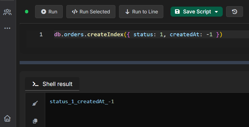 MongoDB Shell creating a compound index on status and createdAt fields in VisuaLeaf