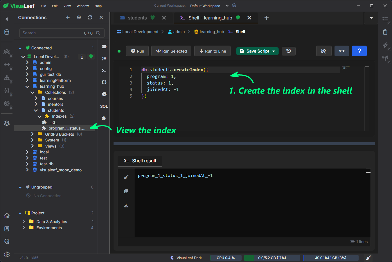 VisuaLeaf showing a MongoDB createIndex command and the new index under the students collection.